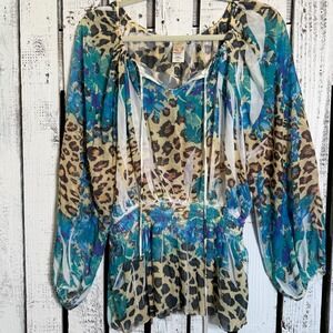 R. Rouge Womens 1X Blue‎ Floral Leopard Print Smocked Peplum Blouse Semi Sheer